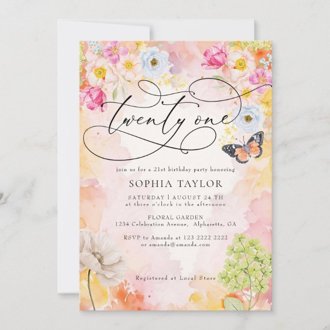 Convites Flores em pastel aquarela para 21º aniversário (Frente)