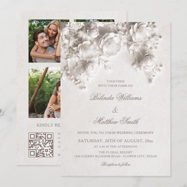 Convites Flores esculpidas em marfim Rosas 3D Casamento (Frente/Verso)