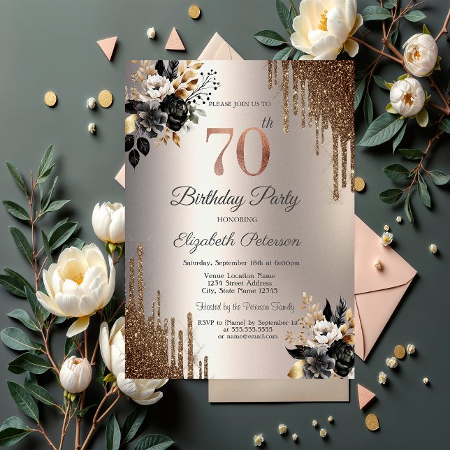 Convites Flores Escuras Brilham Gotas de Marfim Aniversário (Criador carregado)
