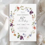 Convites Flores Femininas Florais 60ª Festa de aniversário<br><div class="desc">Comemore um aniversário de 60 anos em estilo feminino encantador com este moderno convite de aniversário floral de flores silvestres. Uma bela coroa d'água pintada de flores silvestres mistas em tons de rosa, roxo, pêssego, azul e branco com verde esparso fazem este pop de convite com estilo. Personalize o modelo...</div>