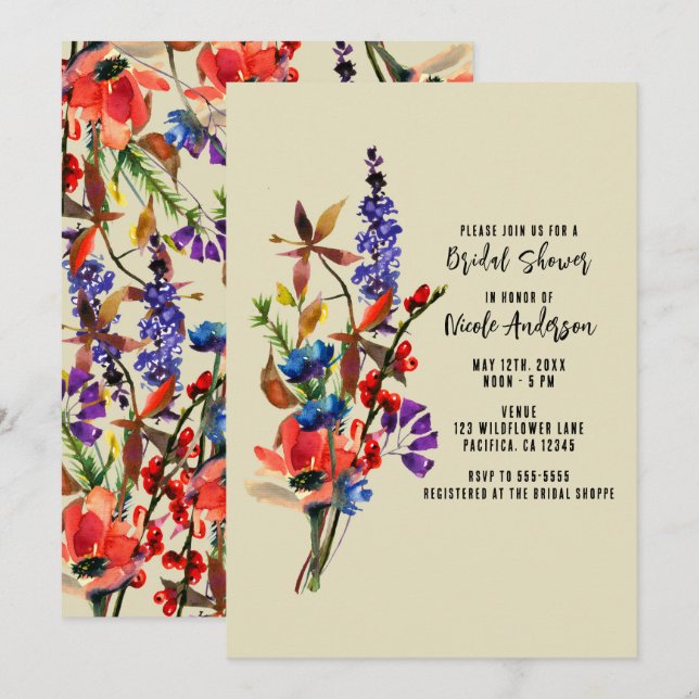 Convites Flores Florais, Chá de panela de Beige de Aquarela (Frente/Verso)