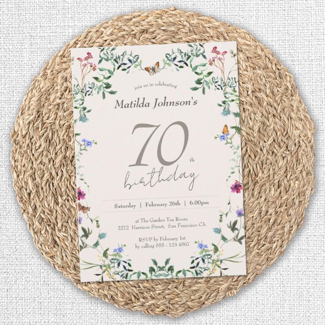 Convites Flores Florais Elegante Festa de aniversário (Elegant 70th Birthday Wildflowers Floral Invitation)