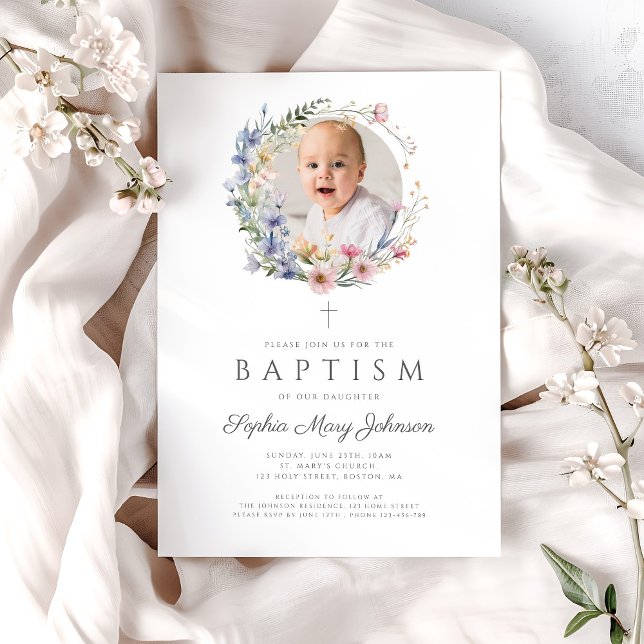 Convites Flores Florais Flóridas Foto Baptism (Elegant Floral Wildflowers Photo Baptism Invitation)