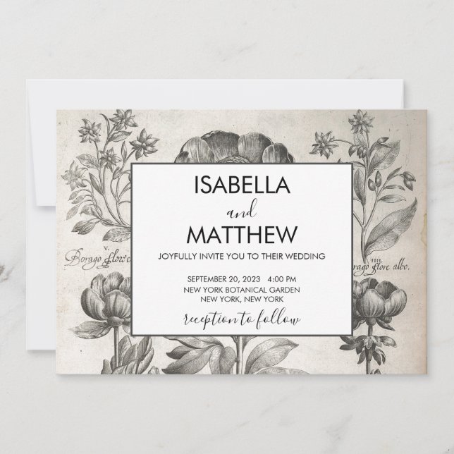Convites Flores florais, pretas e brancas, a preto e branco (Frente)