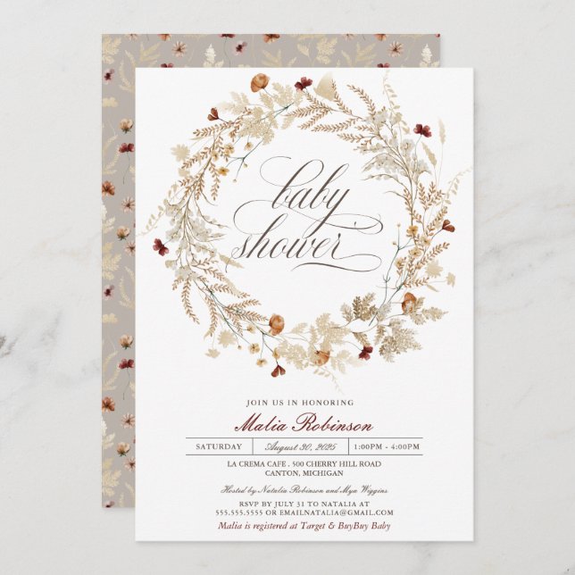 Convites Flores Florais Secas Flores Selvagens Chá de frald (Frente/Verso)