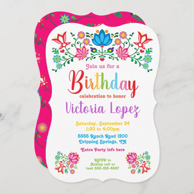 Convites Flores folclóricas de Festa de aniversário Fiesta (Frente/Verso)
