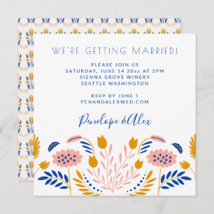 Convites Flores Folclóricas Scandi em Casamento Casual Azul