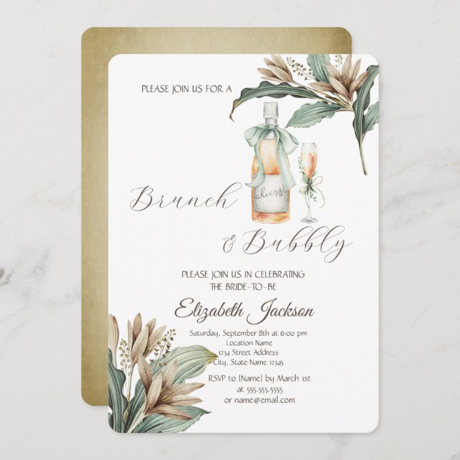 Convites Flores Folha Chá de panela de Vidro de Champanhe (Frente/Verso)