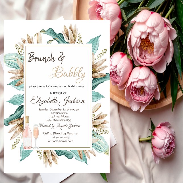 Convites Flores Folhas Brunch & Champanhe Champagne Festa d (Criador carregado)