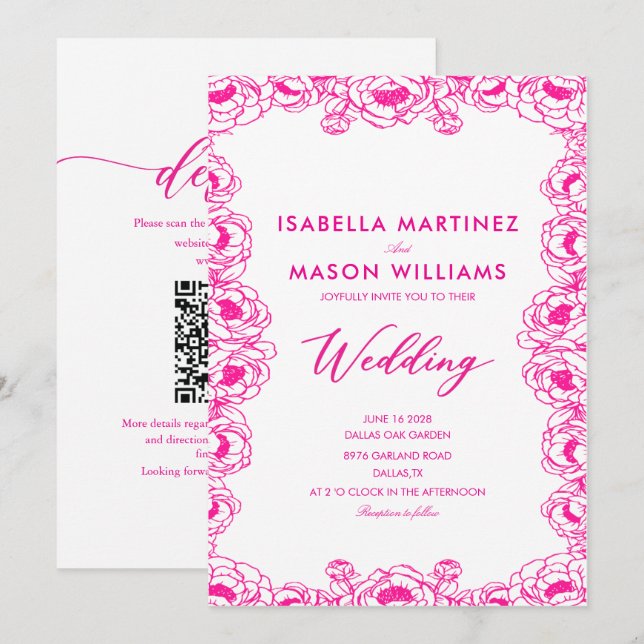 Convites flores francesas rosa minimal clássico casamento (Frente/Verso)