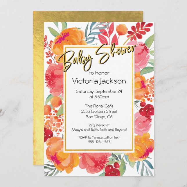 Convites Flores Frescas, aquarela, Bebês, Chuveiros (Frente/Verso)