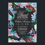 Convites Flores Girly Butterfly Deixam Watercolor Sweet 16<br><div class="desc">Este elegante e giro convite de aniversário de dezesseis anos é perfeito para o 16º aniversário da sua filha. Apresenta borboletas modernas e artísticas, pretas e vibrantes e coloridas sobre flores e folhas pintadas à mão e uma espessa borda dourada com fundo preto colorido. O esquema de cores inclui: rosa,...</div>