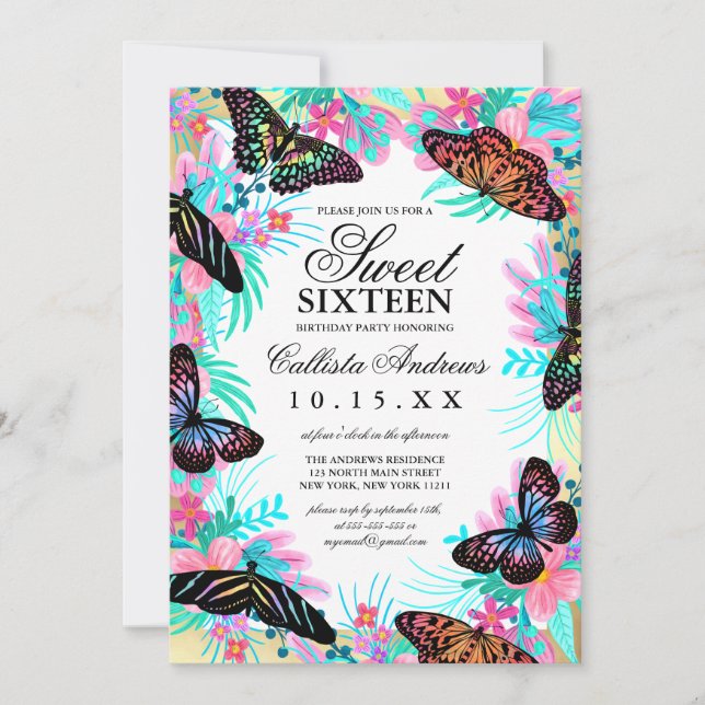 Convites Flores Girly Butterfly Deixam Watercolor Sweet 16 (Frente)
