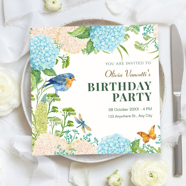 Convites Flores Hortênsia Pássaro Borboleta aniversário (Criador carregado)