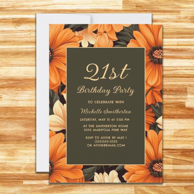 Convites Flores Laranja De Idade, Aniversário Castanho (Elegant orange flowers on brown birthday party invitation)