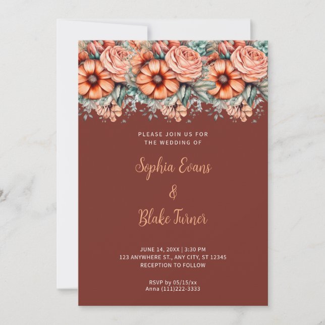 Convites Flores Laranja e Casamento Marrom Verde (Frente)