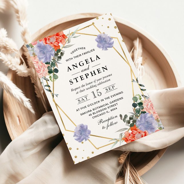 Convites Flores Laranja e Roxo Casamento Dourado em (Criador carregado)