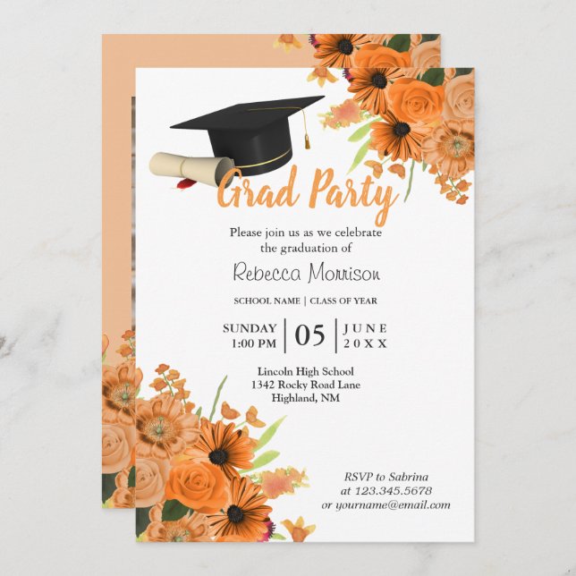 Convites Flores Laranja 🎓 Graduação (Frente/Verso)