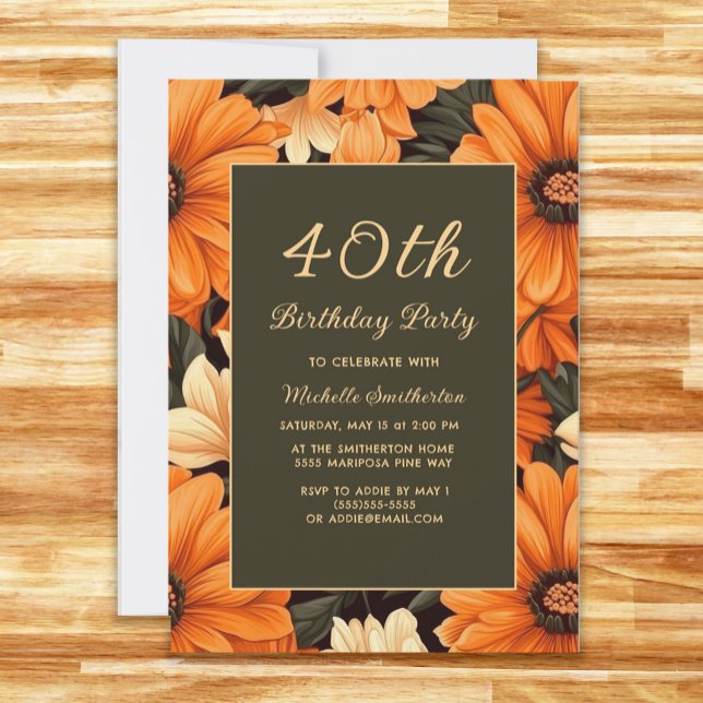 Convites Flores Laranja Qualquer Idade Marrom 40º Aniversár (Orange flowers on brown 40th birthday party invitation)