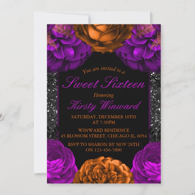 Convites Flores Laranja Roxo Halloween Doce 16 (Frente)