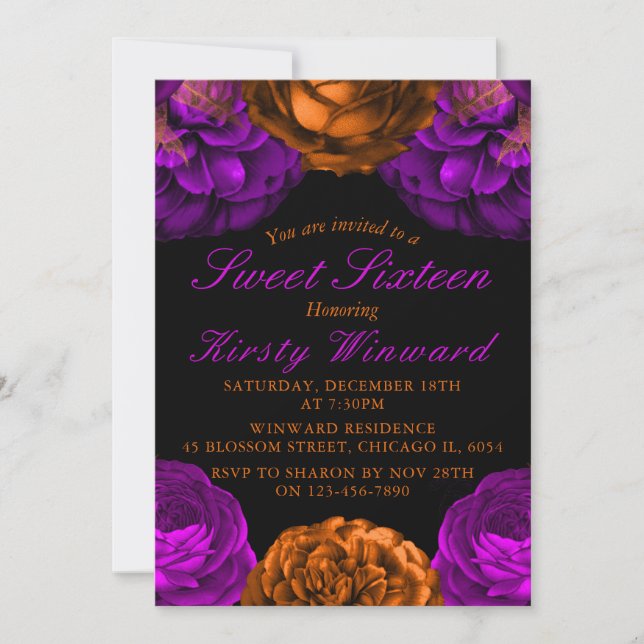 Convites Flores Laranja Roxo Halloween Doce 16 (Frente)