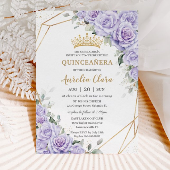 Convites Flores Lavandas roxas Douradas Quinceañera (Criador carregado)