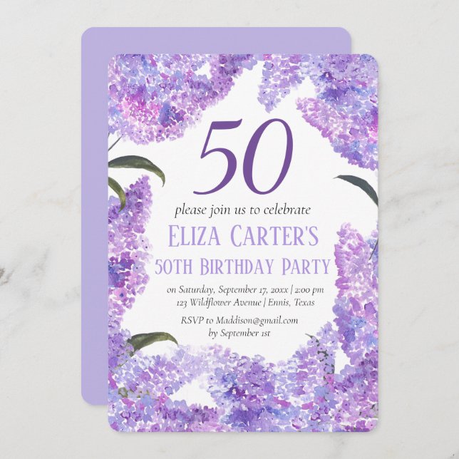 Convites Flores Lilás Roxas 50º Aniversário (Frente/Verso)