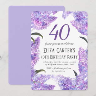 Convites Flores Lilás Roxas aniversário de 40 anos 40 Elega