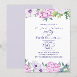 Convites Flores Lilás Roxas Doce Dezesseis Festas de aniver