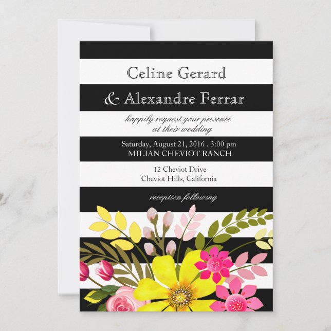 Convites Flores listradas pretas e brancas Casamento amarel (Frente)