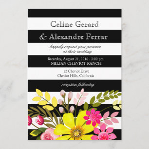 Convites Flores listradas pretas e brancas Casamento amarel