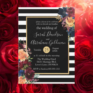Convites Flores Listras Pretas e Brancas Casamento Vermelho