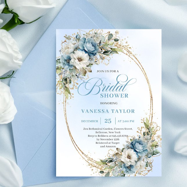 Convites Flores Luxuosas em Azul Poeirento com Moldura Dour (Luxe Dusty Blue Flowers Gold Frame Bridal Shower Invite)