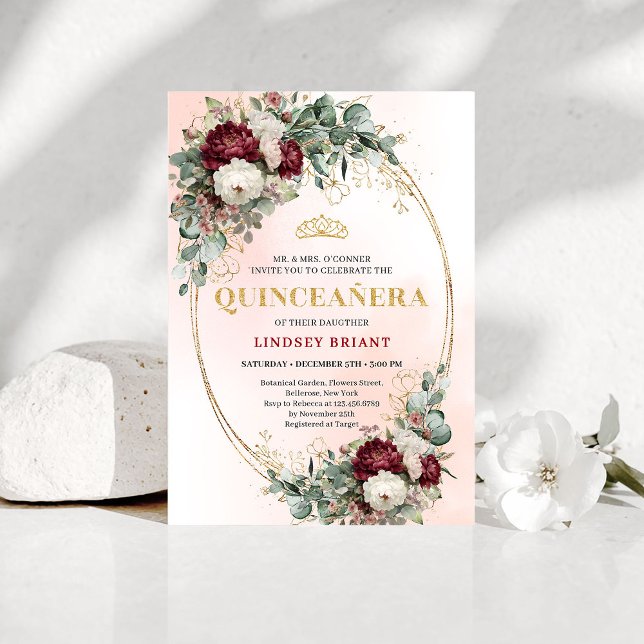 Convites Flores Macias de Marsala Dourado Aniversário de 15 (Soft Bohemian Marsala Flowers Gold 15th Birthday Invite)