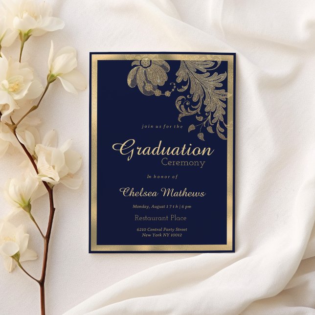 Convites Flores marinho de luxo, douradas, folhosas, Gradua (Luxury navy blue gold glitter flowers Graduation)