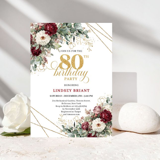 Convites Flores Marrom Bordeaux Aniversário de 80 anos (Maroon Burgundy Flowers 80th Birthday)