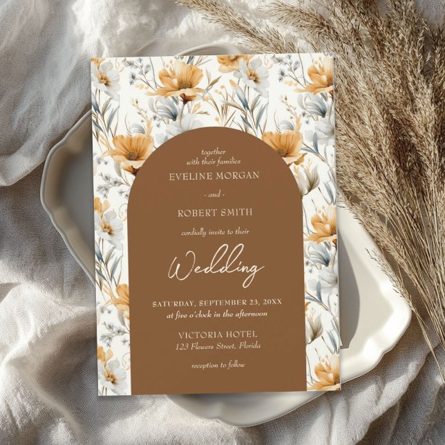 Convites Flores marrom de marfim laranja poeirento (Watercolor dusty orange ivory brown flowers invitation)