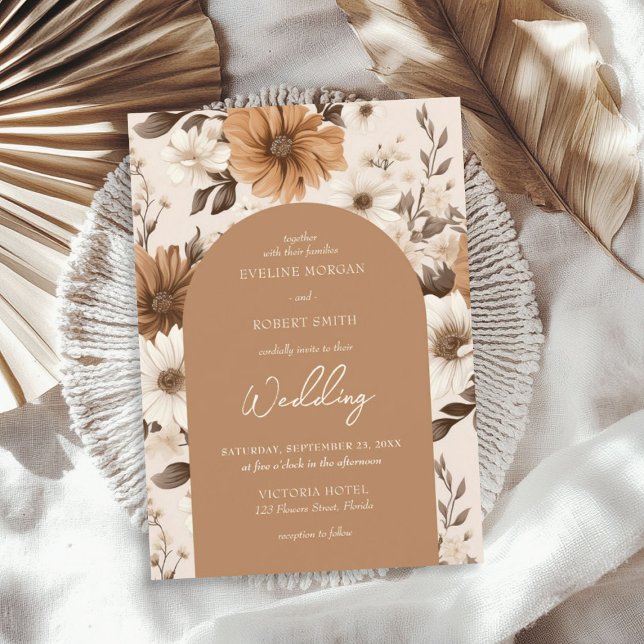 Convites Flores marrom de marfim laranja poeirento (Watercolor dusty orange ivory brown flowers invitation)