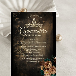Convites Flores Marrons Damask Escuro Gótico Quinceañera