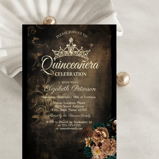 Convites Flores Marrons Damask Escuro Gótico Quinceañera  (Criador carregado)