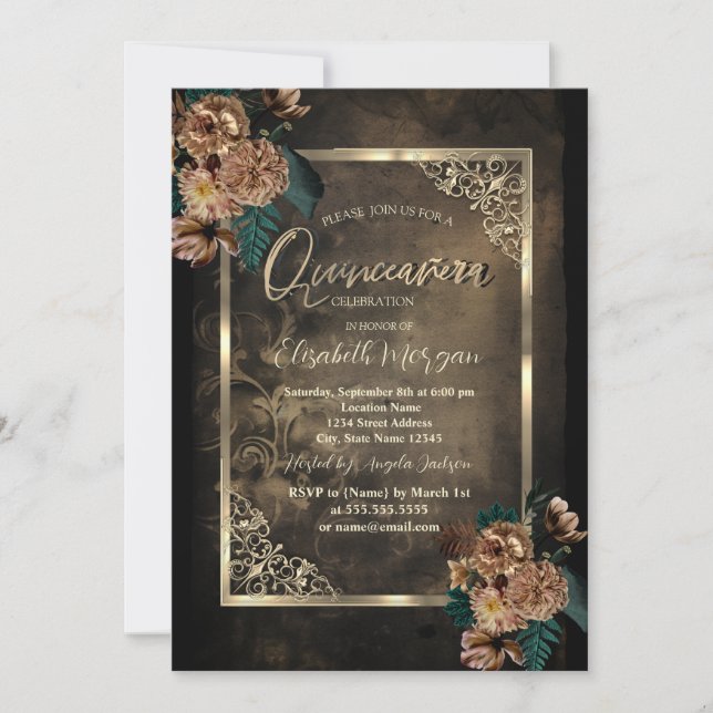 Convites Flores Marrons Moldura Dourada Quinceañera Gótica (Frente)