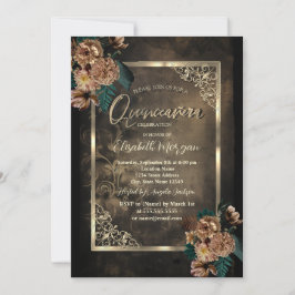 Convites Flores Marrons Moldura Dourada Quinceañera Gótica