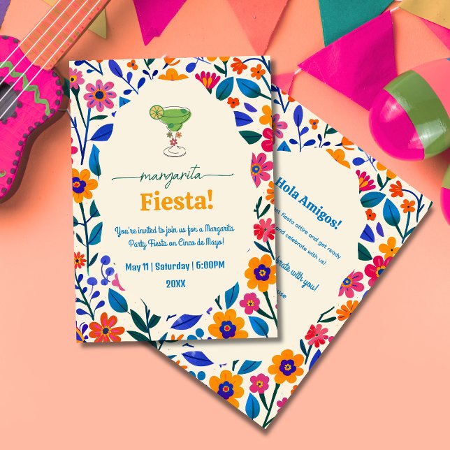 Convites Flores mexicanas amarelas rosa Margarita Fiesta (Criador carregado)