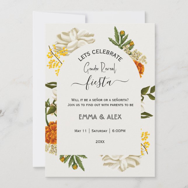 Convites Flores mexicanas Cinco de Mayo - Revelação de Gêne (Frente)