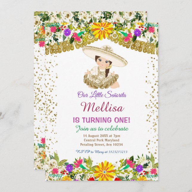 Convites Flores mexicanas com aniversário Dourado de relíqu (Frente/Verso)