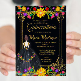 Convites Flores mexicanas com Quinceañera Dourada