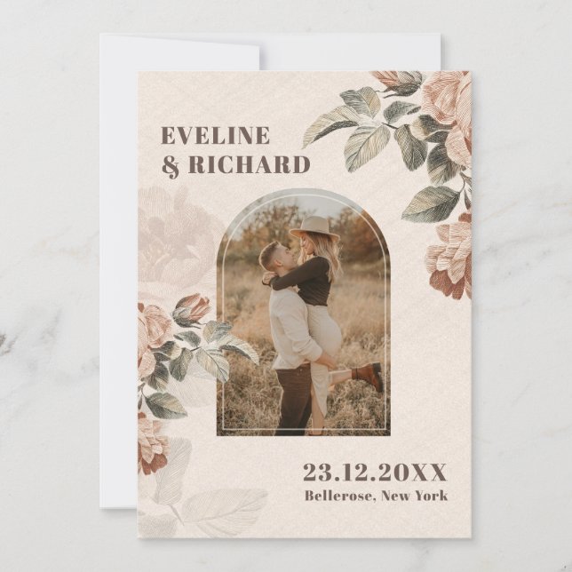 Convites Flores modernas de terracota arqueadas com folhas  (Frente)