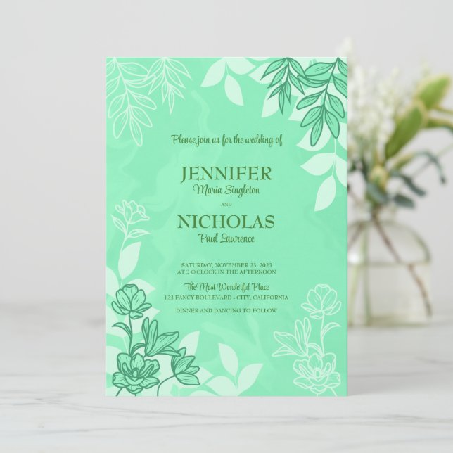 Convites Flores Modernas e Folhas de Ornamento para Casamen (Em pé/Frente)