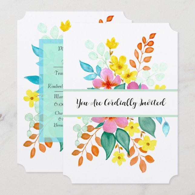 Convites Flores Modernas em Aquarela em Cores Vibrantes (Frente/Verso)