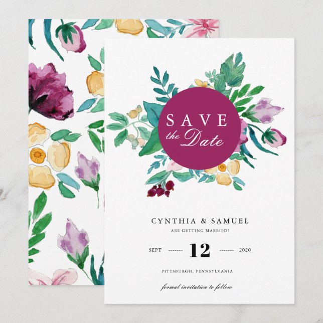 Convites Flores Modernas em Aquarela Salve a Data (Frente/Verso)